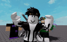 a roblox character with a sword and a purple shirt that says ' ninja ' on it