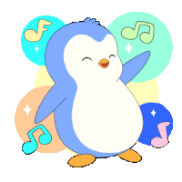 a cartoon penguin is surrounded by music notes and stars