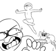 a black and white drawing of a group of cartoon characters standing around a table .