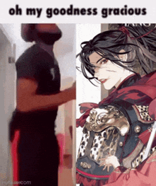 a man is standing next to a picture of a woman in armor and a meme .
