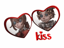 two hearts with a girl and a boy in them and the word kiss