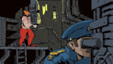 a cartoon drawing of a man holding a gun and a police officer looking through binoculars