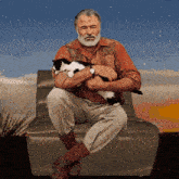 a painting of a man sitting on a chair with a cat