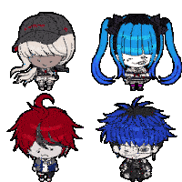 a pixel art drawing of a boy with red hair and a girl with blue hair ..