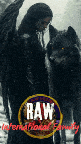 a woman with wings stands next to a wolf with the words raw international family written on the bottom