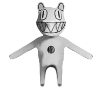 a drawing of a cat with big teeth and a hole in its chest