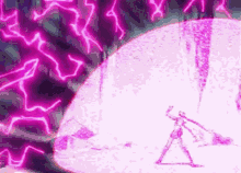 a drawing of a person standing in front of a purple lightning storm .
