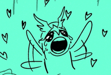 a drawing of a cat with wings and hearts around it .