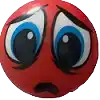a red smiley face with blue eyes and a sad look on its face .