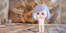 a cartoon character with blue hair is standing on a tile floor