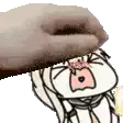 a cartoon character is being propped up by a person 's hand .