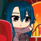a cartoon girl with blue hair is sitting in a red chair in front of a roller coaster