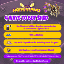 an advertisement for honeyland shows four different ways to buy the currency