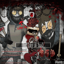 a picture of a cartoon character with the words " they are disgusted by my blood but they love to watch me bleed "