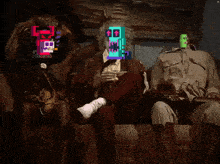 a group of people sitting on a couch with their faces on a screen that says ' tetris '