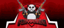 a panda bear is holding two guns and the word furypanda is on the red background