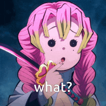 a cartoon girl with pink hair is holding a sword and asking what ?