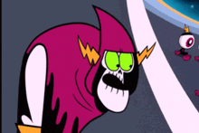 a cartoon character with green eyes and a purple hood