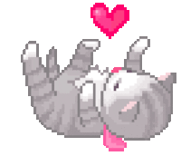 a pixel art of a cat laying on its back with a pink heart .