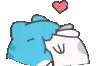 a blue cat is kissing a white rabbit .