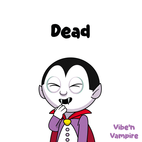 a cartoon of a vampire with the word dead underneath him