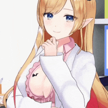 a blonde anime girl with blue eyes and a white coat