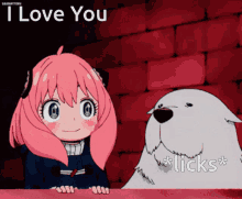 a cartoon of a girl and a dog with the words " i love you " on the bottom
