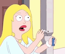 a cartoon woman is smoking a cigarette while holding a lighter