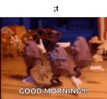 a group of potatoes are dancing and saying good morning