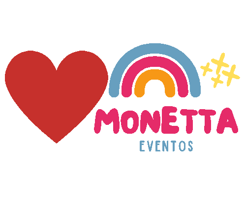 a colorful logo for monetta eventos with a heart and rainbow