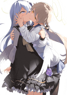a girl with wings is kissing another girl with blue hair