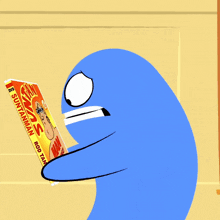 a blue cartoon character is reading a book titled suntanman