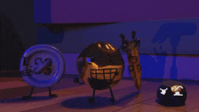 a group of cartoon characters including a clock and a coin