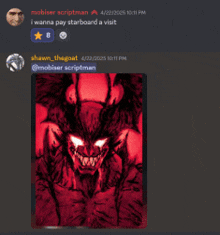 a screenshot of a conversation between mobiser scriptman and shawn the goat