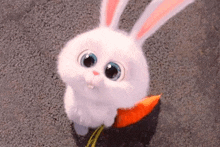 a cartoon rabbit is holding a carrot in its mouth .