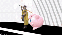 a pink cartoon character is being kicked by a person