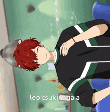 a cartoon character with red hair and the words leo tsukinaga a below him