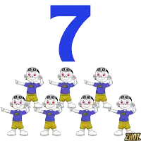 a group of monkeys are standing in front of a blue number seven