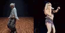 a man is dancing on a wooden floor next to a woman singing into a microphone .