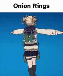 a cartoon of a girl with onion rings on her back standing on a blue background .