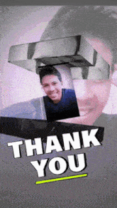 a thank you card with a picture of a man in a box