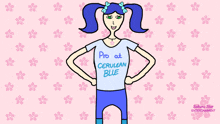 a cartoon of a girl wearing a pro at cerulean blue shirt