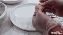 a person wearing gloves is holding a piece of food on a plate that says made in animotica