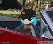 a cartoon character wearing a black hat with the letter a on it