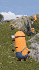 a group of minions standing in a grassy field with grimbur written on the bottom left