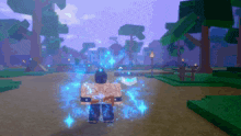 a man in a video game is surrounded by blue glowing lights