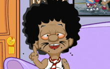 a cartoon character with black hair and a mustache is pointing up with his finger