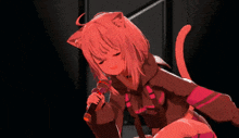 a girl with cat ears is holding a microphone