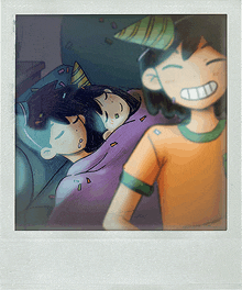 a cartoon drawing of a boy standing next to two girls sleeping