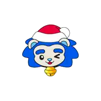 a blue bear wearing a santa hat and a bell around its neck
